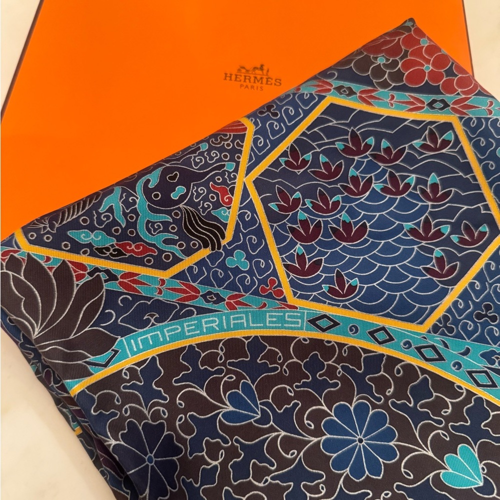 Hermes Blue and Yellow Silk Scarf